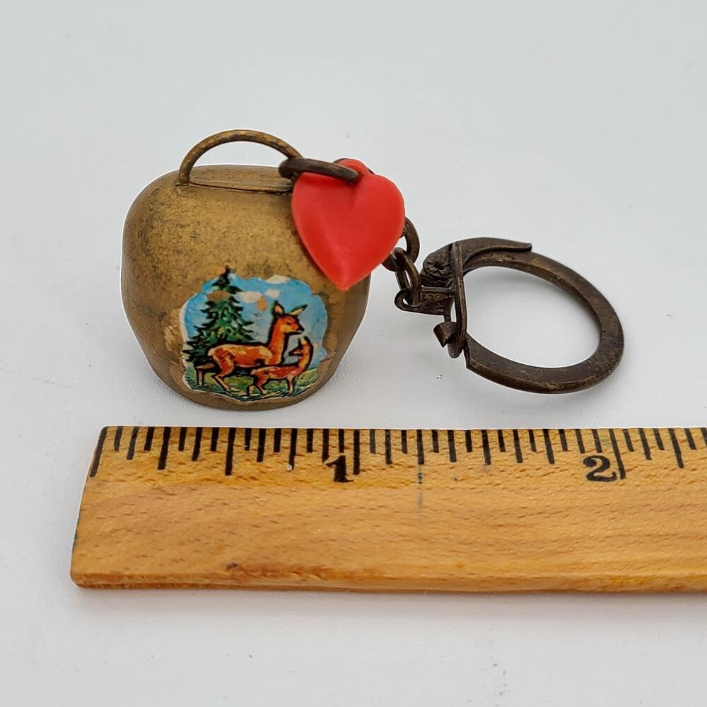 Vintage Hand Painted Brass Miniature Cow Bell Keychain, West Germany, Doe Fawn - Picture 2 of 6